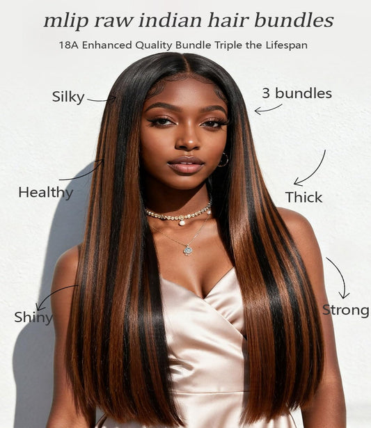 mlip Raw Indian Hair Bundle Straight, Enhanced Quality Bundle, 18A Virgin Hair, No Tangle Shedding, Triple the Lifespan, Keep Texture Silky Soft After Multiple Washes, Highlight Color