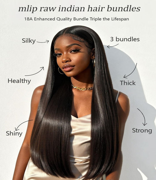 mlip Raw Indian Hair Bundle Straight, Enhanced Quality Bundle, 18A Virgin Hair, No Tangle Shedding, Triple the Lifespan, Keep Texture Silky Soft After Multiple Washes, Natural Color