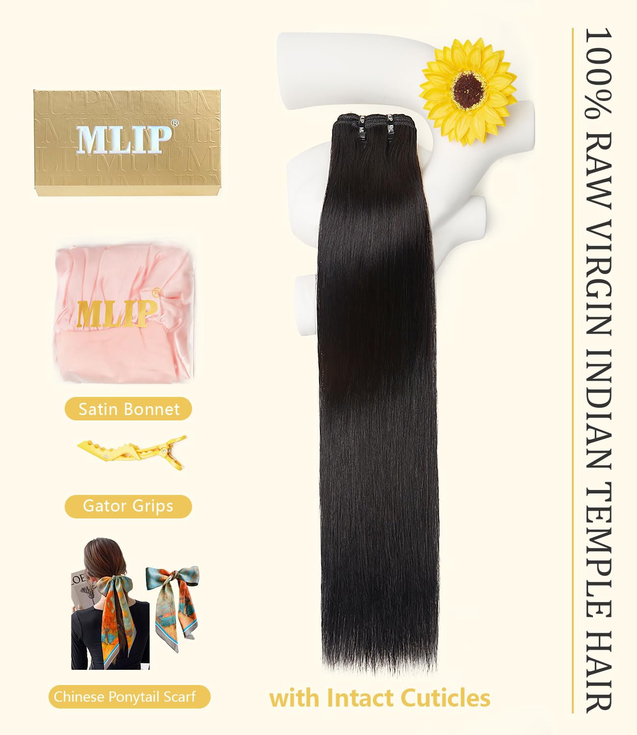 mlip Raw Indian Hair Bundle Straight, Enhanced Quality Bundle, 18A Virgin Hair, No Tangle Shedding, Triple the Lifespan, Keep Texture Silky Soft After Multiple Washes, Natural Color