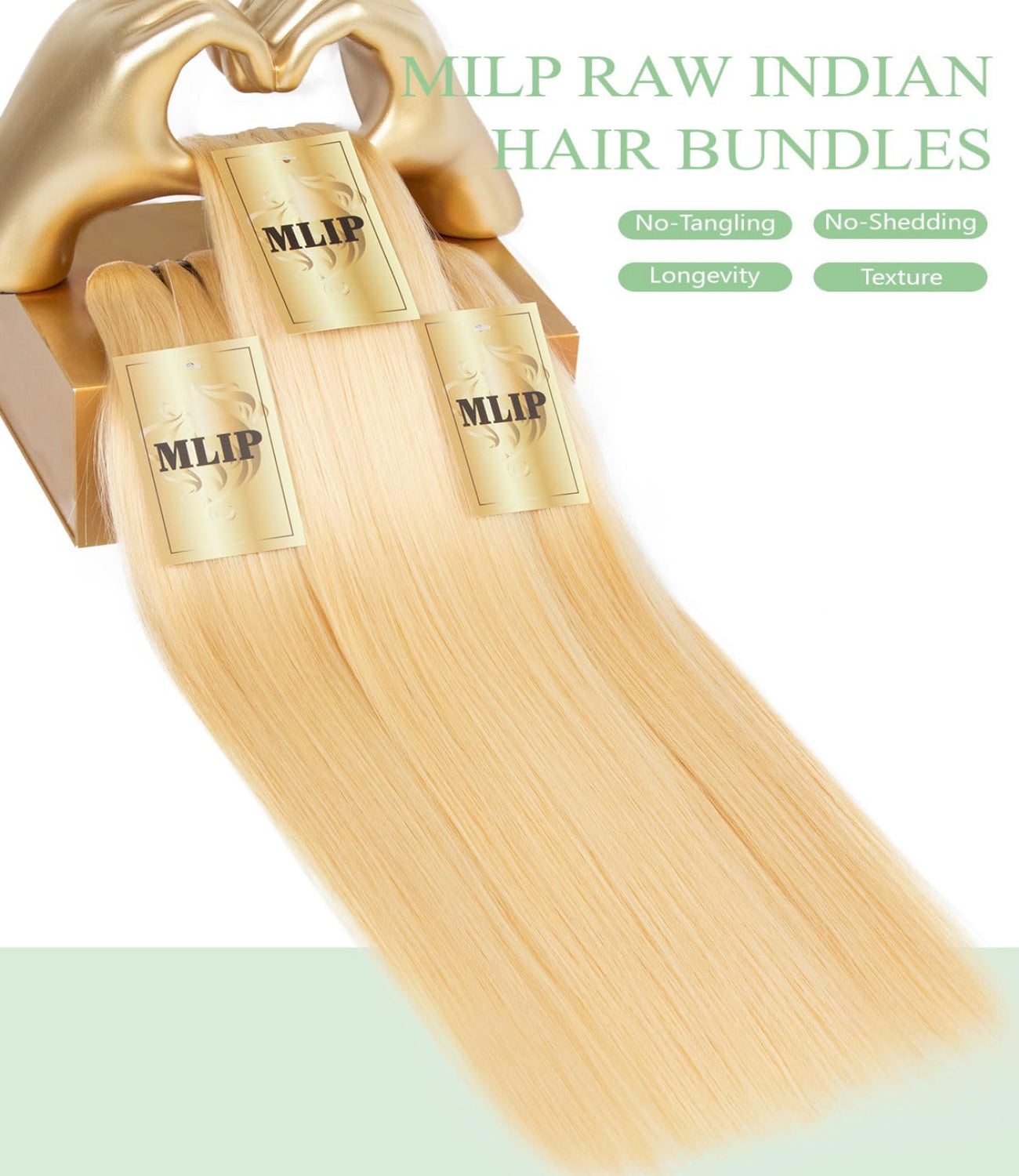 MLIP Raw Bundles Human Hair Straight, No Tangle Shedding, Keep Texture Silky Soft After Multiple Washes, 16A Raw Indian Hair Bundles, 3X Longer Lifespan Blonde Color