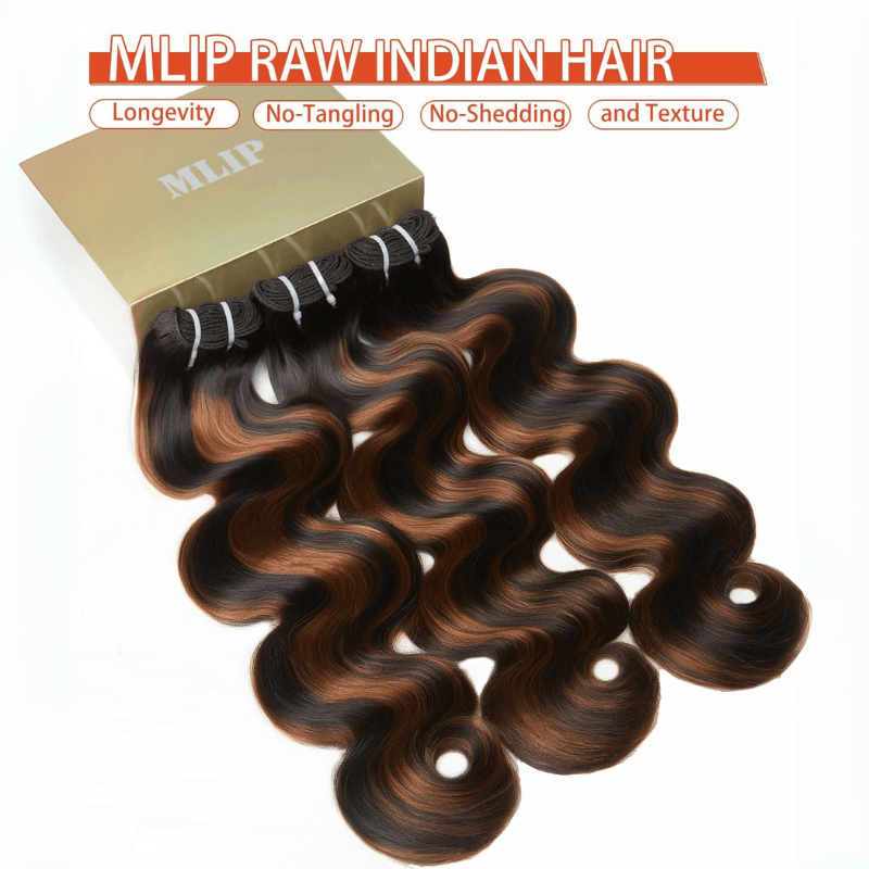 MLIP Raw 15A Indian Hair Natural Black Brown Highlight Body Wave 100% Virgin Hair Bundles