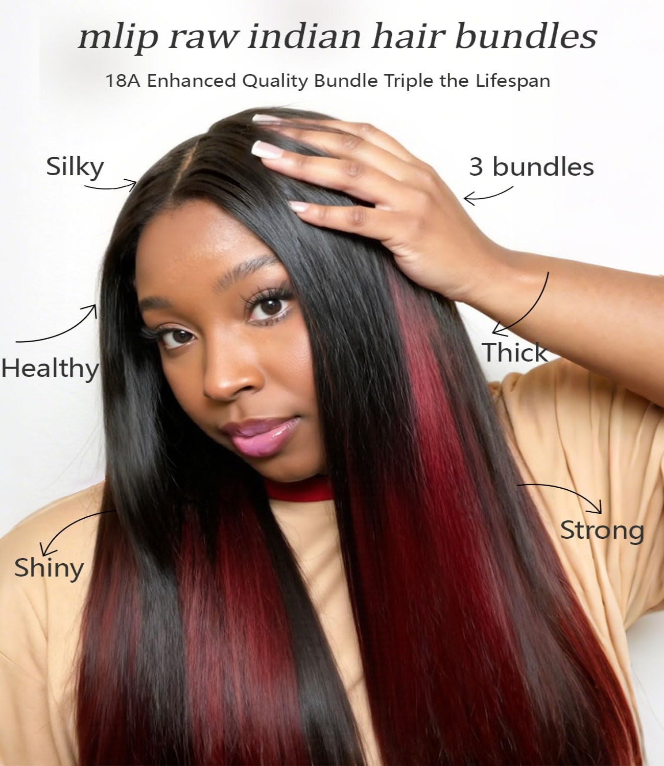 mlip Raw Indian Hair Bundle Straight, Enhanced Quality Bundle, 18A Virgin Hair, No Tangle Shedding, Triple the Lifespan, Keep Texture Silky Soft After Multiple Washes, 1B99J Color