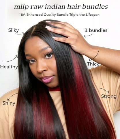 mlip Raw Indian Hair Bundle Straight, Enhanced Quality Bundle, 18A Virgin Hair, No Tangle Shedding, Triple the Lifespan, Keep Texture Silky Soft After Multiple Washes, 1B99J Color