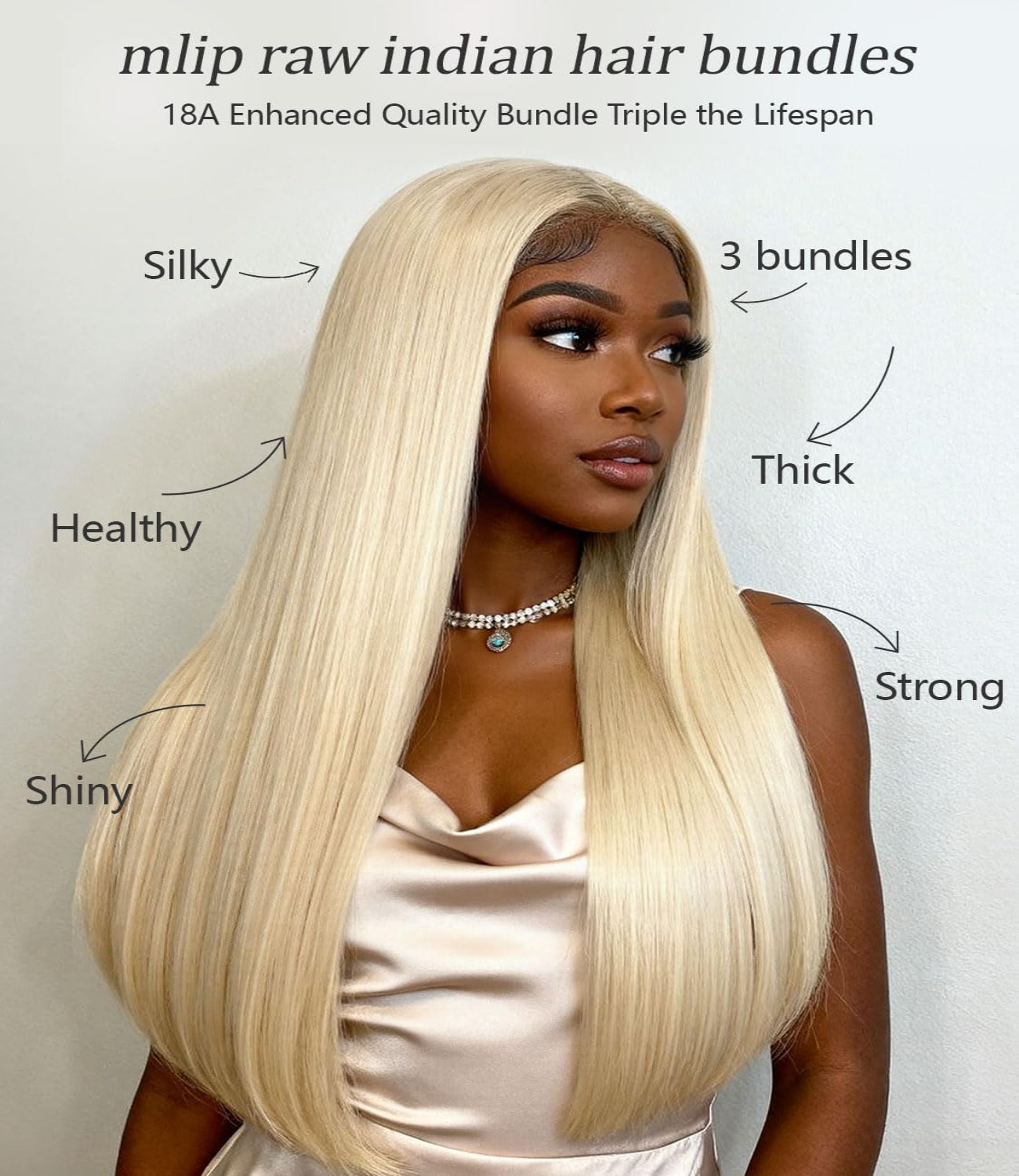 mlip Raw Indian Hair Bundle Straight, Enhanced Quality Bundle, 18A Virgin Hair, No Tangle Shedding, Triple the Lifespan, Keep Texture Silky Soft After Multiple Washes, 613 Color
