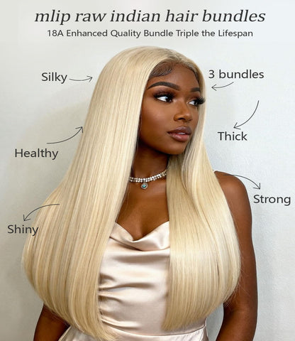mlip Raw Indian Hair Bundle Straight, Enhanced Quality Bundle, 18A Virgin Hair, No Tangle Shedding, Triple the Lifespan, Keep Texture Silky Soft After Multiple Washes, 613 Color