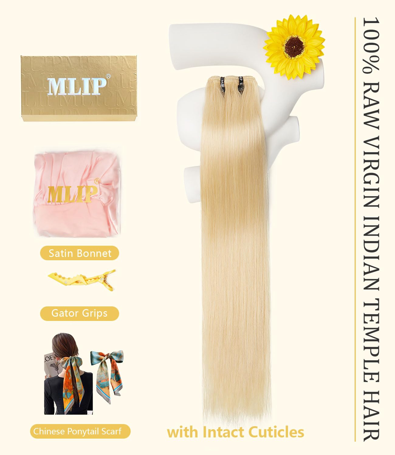 mlip Raw Indian Hair Bundle Straight, Enhanced Quality Bundle, 18A Virgin Hair, No Tangle Shedding, Triple the Lifespan, Keep Texture Silky Soft After Multiple Washes, 613 Color