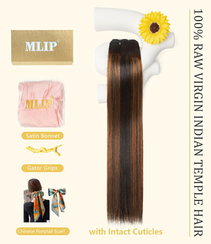 mlip Raw Indian Hair Bundle Straight, Enhanced Quality Bundle, 18A Virgin Hair, No Tangle Shedding, Triple the Lifespan, Keep Texture Silky Soft After Multiple Washes, Highlight Color