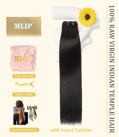 mlip Raw Indian Hair Bundle Straight, Enhanced Quality Bundle, 18A Virgin Hair, No Tangle Shedding, Triple the Lifespan, Keep Texture Silky Soft After Multiple Washes, Natural Color
