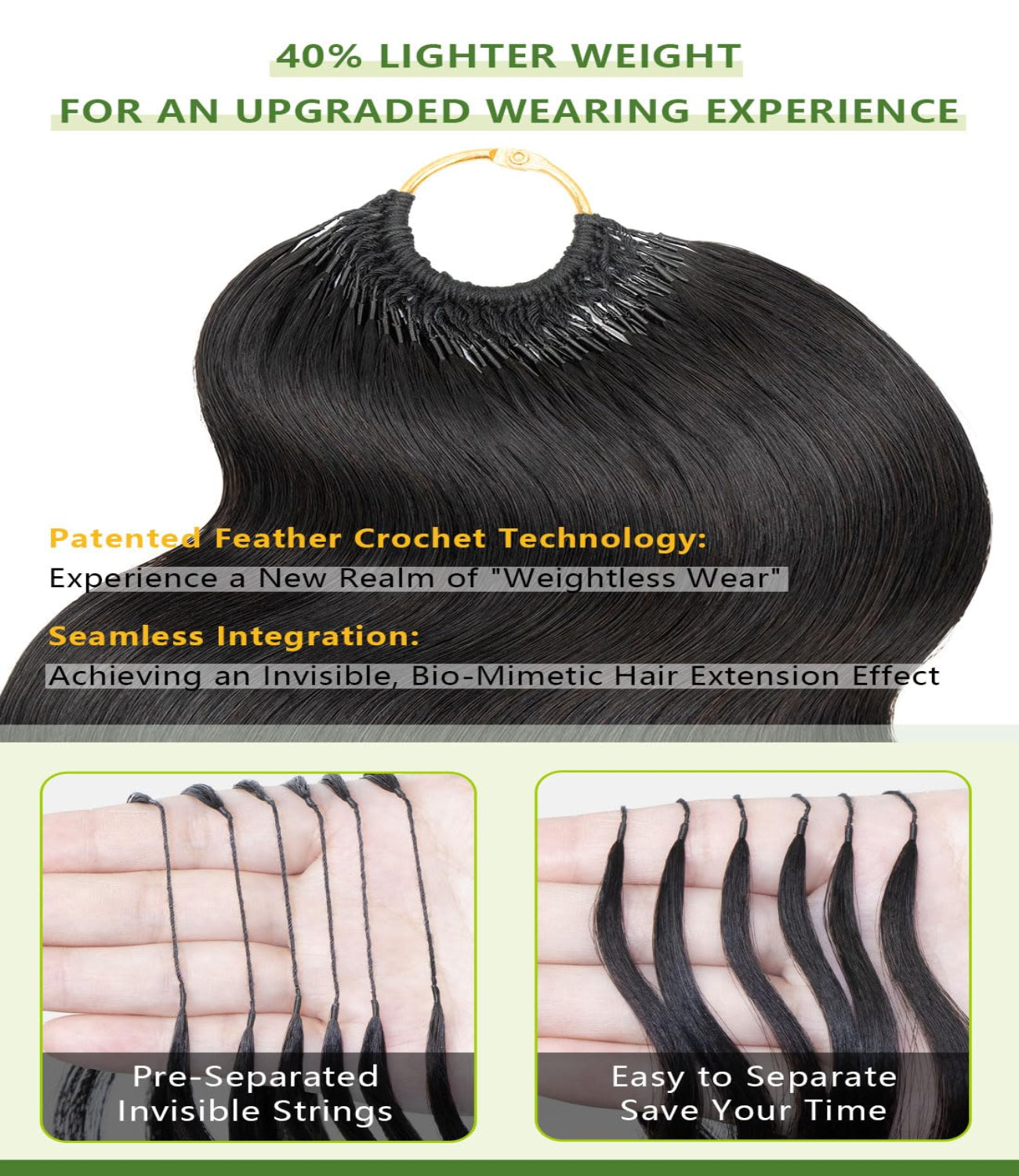 MLIP Crochet Hair for Black Women, Feather Crochet Human Hair, Burmese Body Wave, Knotless Pre-Separated, Quick Install Protective Style, Lightweight Tangle-Free Reusable Natural Black