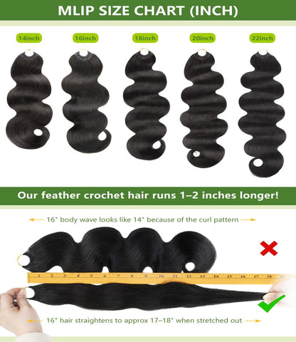 MLIP Crochet Hair for Black Women, Feather Crochet Human Hair, Burmese Body Wave, Knotless Pre-Separated, Quick Install Protective Style, Lightweight Tangle-Free Reusable Natural Black