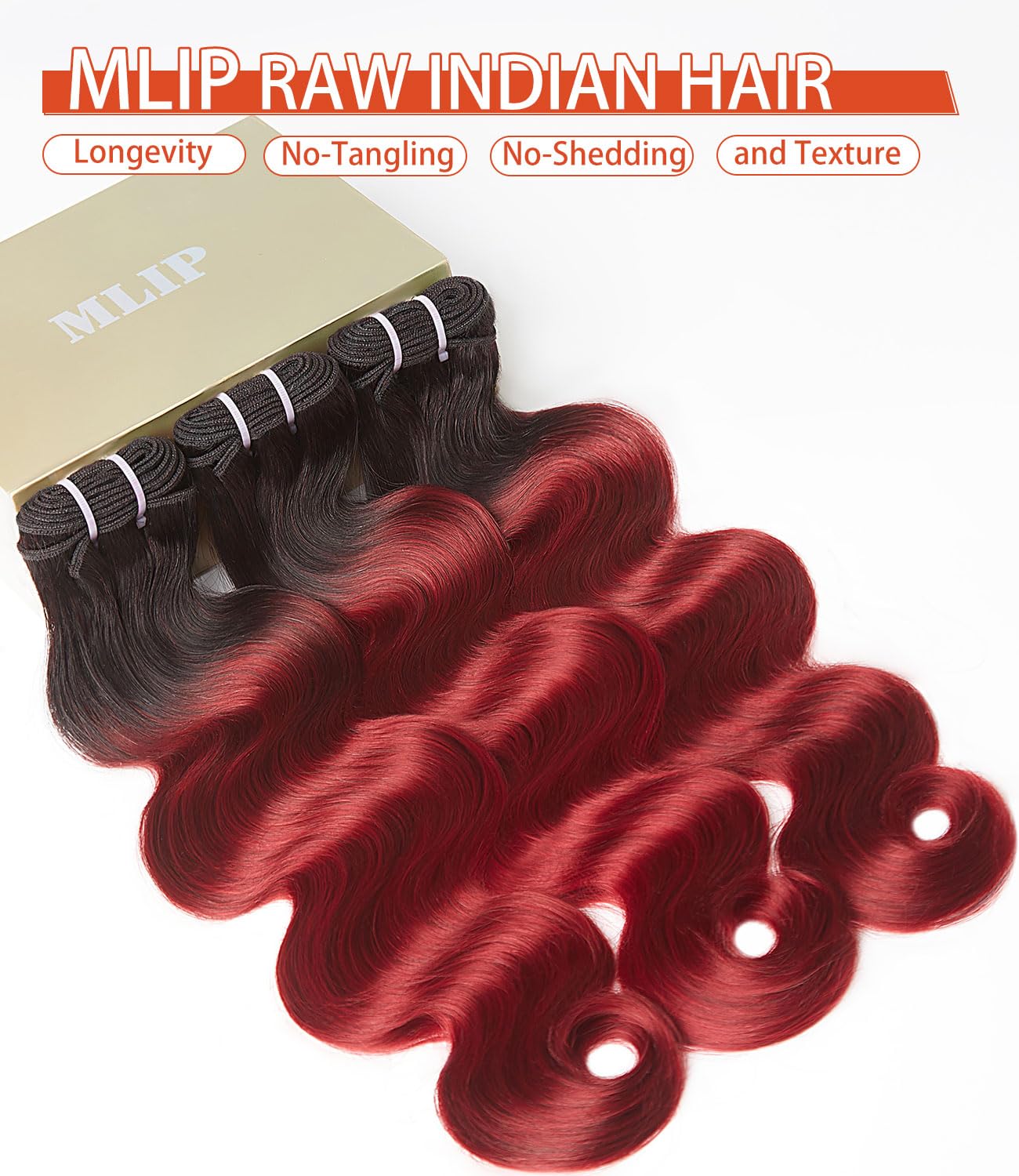 MLIP Raw Indian Human Hair Body Wave Bundles, 3X Longer Lifespan,100% Unprocessed Raw Hair, No Tangle & Shedding, Silky Soft After Multiple Washes, 1B99J Color