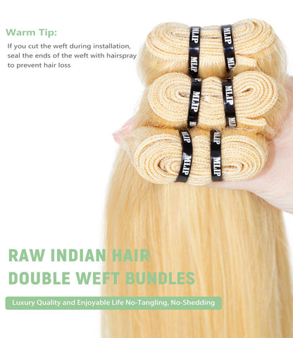 MLIP Raw Bundles Human Hair Straight, No Tangle Shedding, Keep Texture Silky Soft After Multiple Washes, 16A Raw Indian Hair Bundles, 3X Longer Lifespan Blonde Color