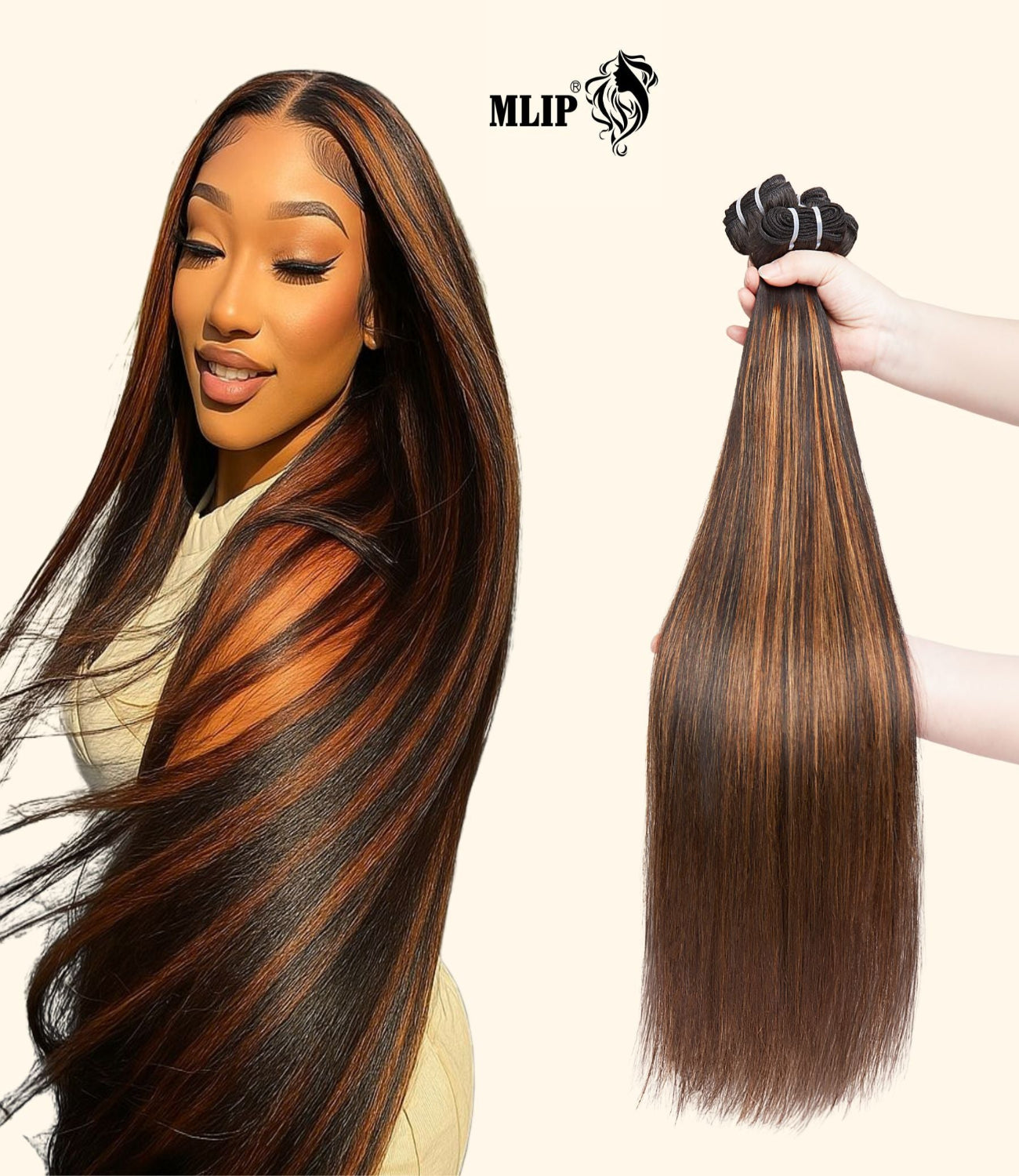 MLIP Raw Bundles Human Hair Straight, No Tangle Shedding, Keep Texture Silky Soft After Multiple Washes, 16A Raw Indian Hair Bundles, Brown Highlight Bundles