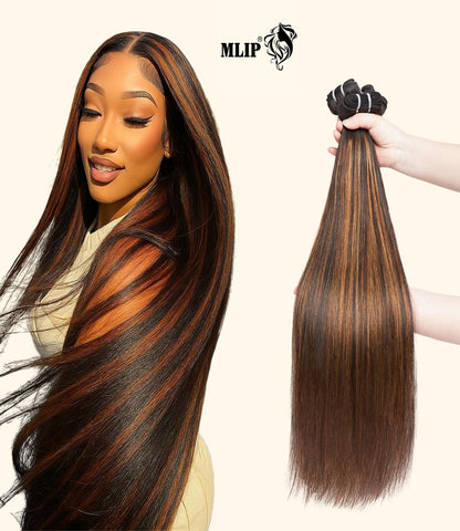 MLIP Raw Bundles Human Hair Straight, No Tangle Shedding, Keep Texture Silky Soft After Multiple Washes, 16A Raw Indian Hair Bundles, Brown Highlight Bundles
