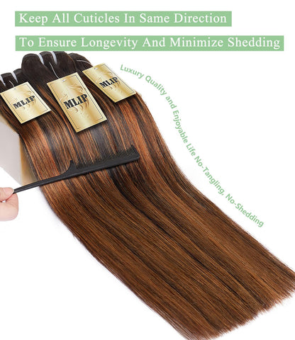 MLIP Raw Bundles Human Hair Straight, No Tangle Shedding, Keep Texture Silky Soft After Multiple Washes, 16A Raw Indian Hair Bundles, Brown Highlight Bundles