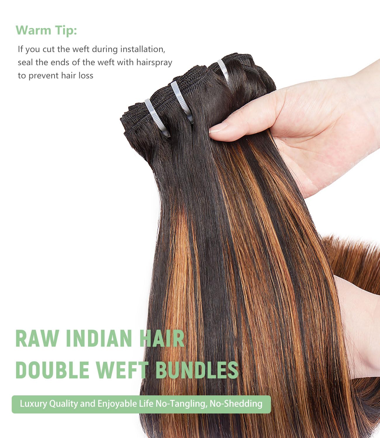 MLIP Raw Bundles Human Hair Straight, No Tangle Shedding, Keep Texture Silky Soft After Multiple Washes, 16A Raw Indian Hair Bundles, Brown Highlight Bundles