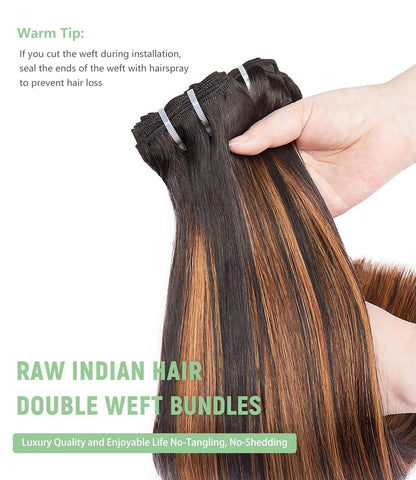 MLIP Raw Bundles Human Hair Straight, No Tangle Shedding, Keep Texture Silky Soft After Multiple Washes, 16A Raw Indian Hair Bundles, Brown Highlight Bundles