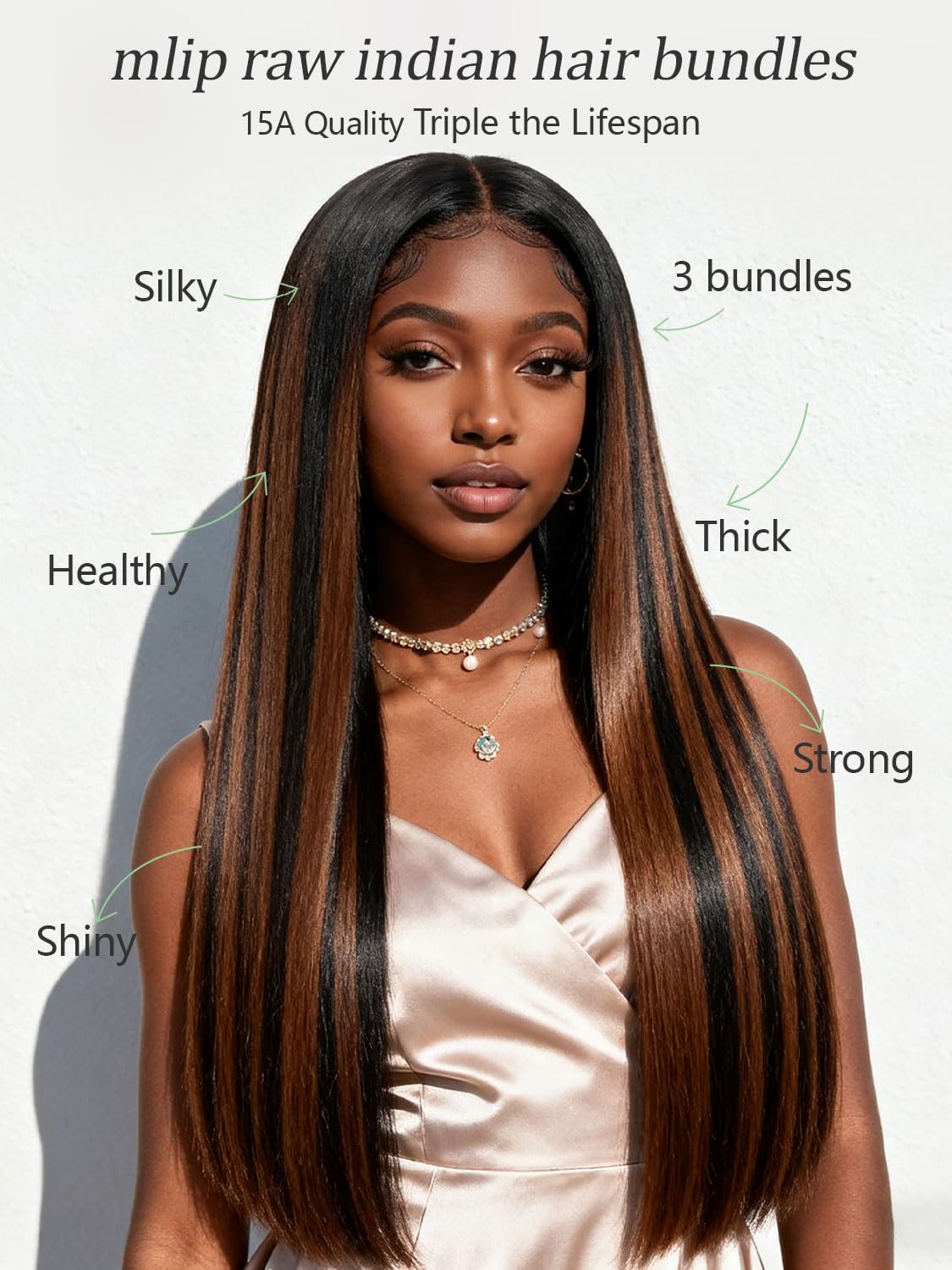 MLIP Raw Bundles Human Hair Straight, No Tangle Shedding, Keep Texture Silky Soft After Multiple Washes, 16A Raw Indian Hair Bundles, Brown Highlight Bundles