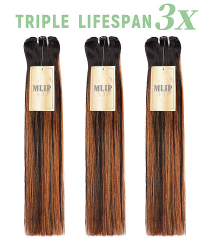 MLIP Raw Bundles Human Hair Straight, No Tangle Shedding, Keep Texture Silky Soft After Multiple Washes, 16A Raw Indian Hair Bundles, Brown Highlight Bundles