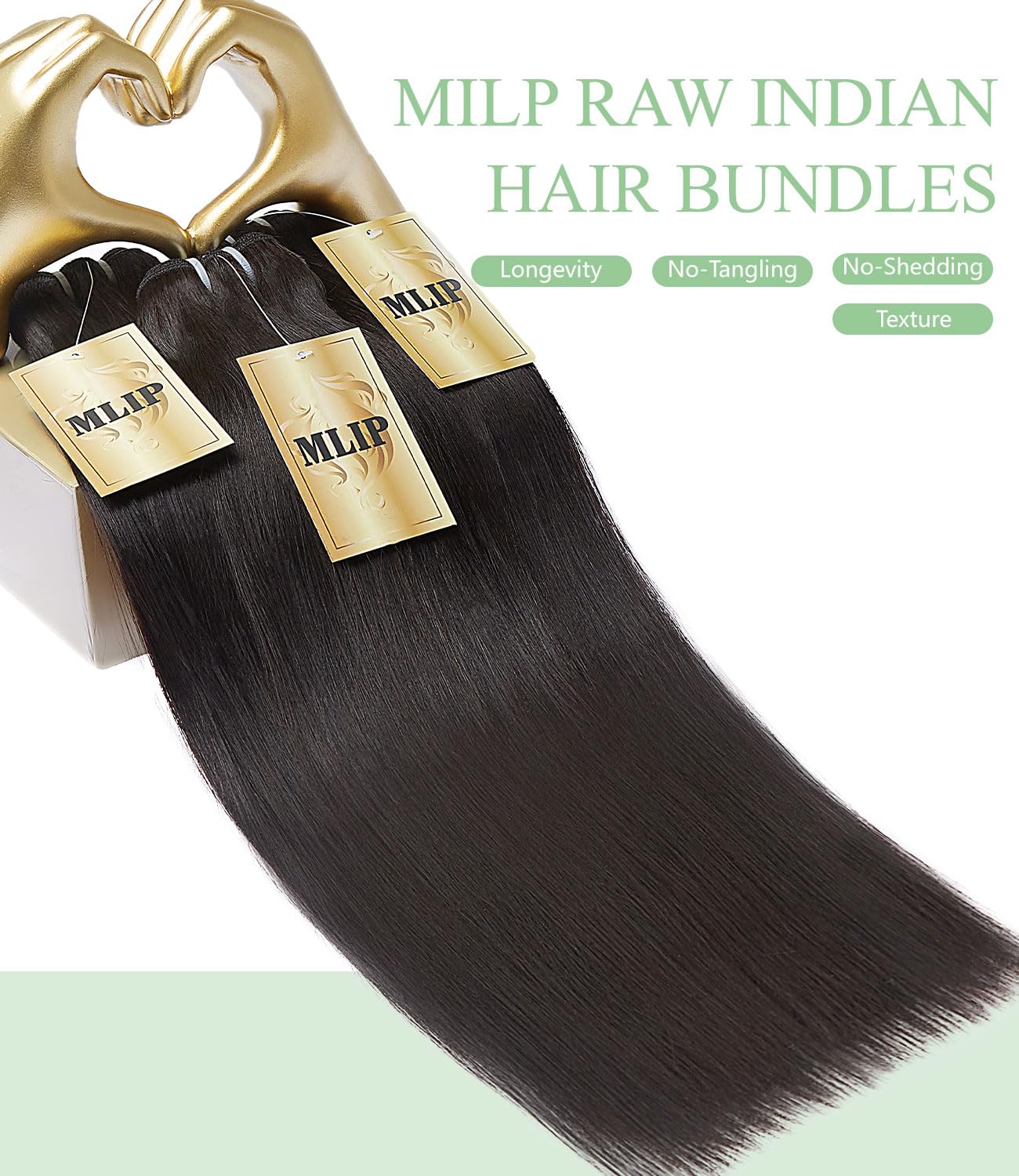 MLIP Raw Bundles Human Hair Straight, No Tangle Shedding, Keep Texture Silky Soft After Multiple Washes, 16A Raw Indian Hair Bundles, Triple Lifespan 3X
