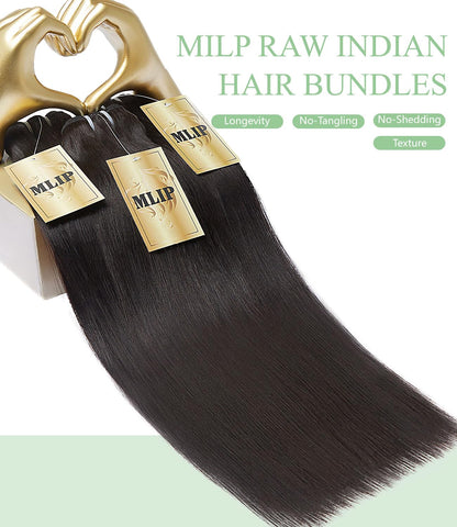 MLIP Raw Bundles Human Hair Straight, No Tangle Shedding, Keep Texture Silky Soft After Multiple Washes, 16A Raw Indian Hair Bundles, Triple Lifespan 3X