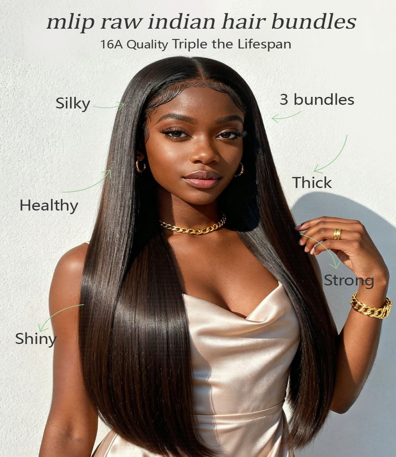 MLIP Raw Bundles Human Hair Straight, No Tangle Shedding, Keep Texture Silky Soft After Multiple Washes, 16A Raw Indian Hair Bundles, Triple Lifespan 3X