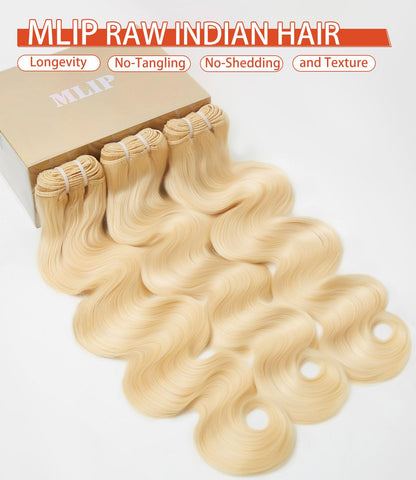 MLIP Raw Indian Human Hair Body Wave Bundles 3X Longer Lifespan 100% Unprocessed Raw Hair No Tangle & Shedding Silky Soft After Multiple Washes 613 Color