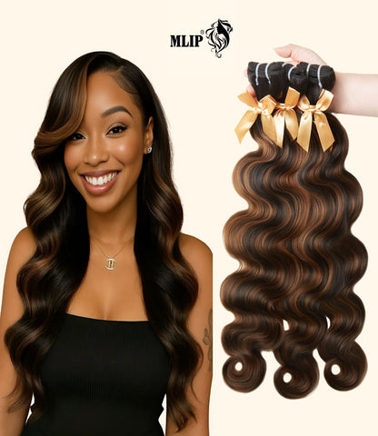 MLIP Raw Indian Human Hair Body Wave Bundles 3X Longer Lifespan 100% Unprocessed Raw Hair, No Tangle & Shedding Silky Soft After Multiple Washes Brown Highlight Color