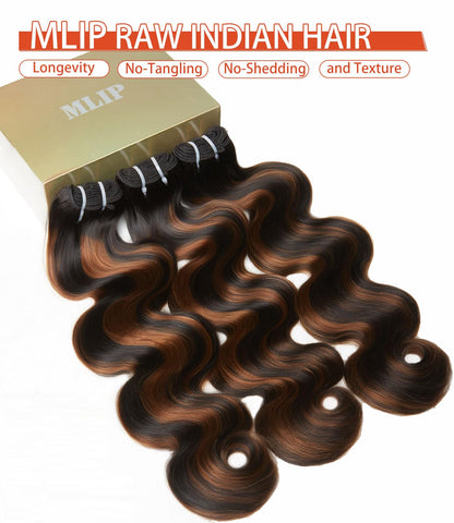 MLIP Raw Indian Human Hair Body Wave Bundles 3X Longer Lifespan 100% Unprocessed Raw Hair, No Tangle & Shedding Silky Soft After Multiple Washes Brown Highlight Color