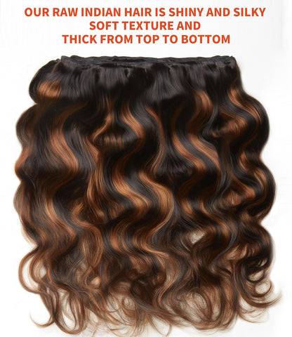 MLIP Raw Indian Human Hair Body Wave Bundles 3X Longer Lifespan 100% Unprocessed Raw Hair, No Tangle & Shedding Silky Soft After Multiple Washes Brown Highlight Color