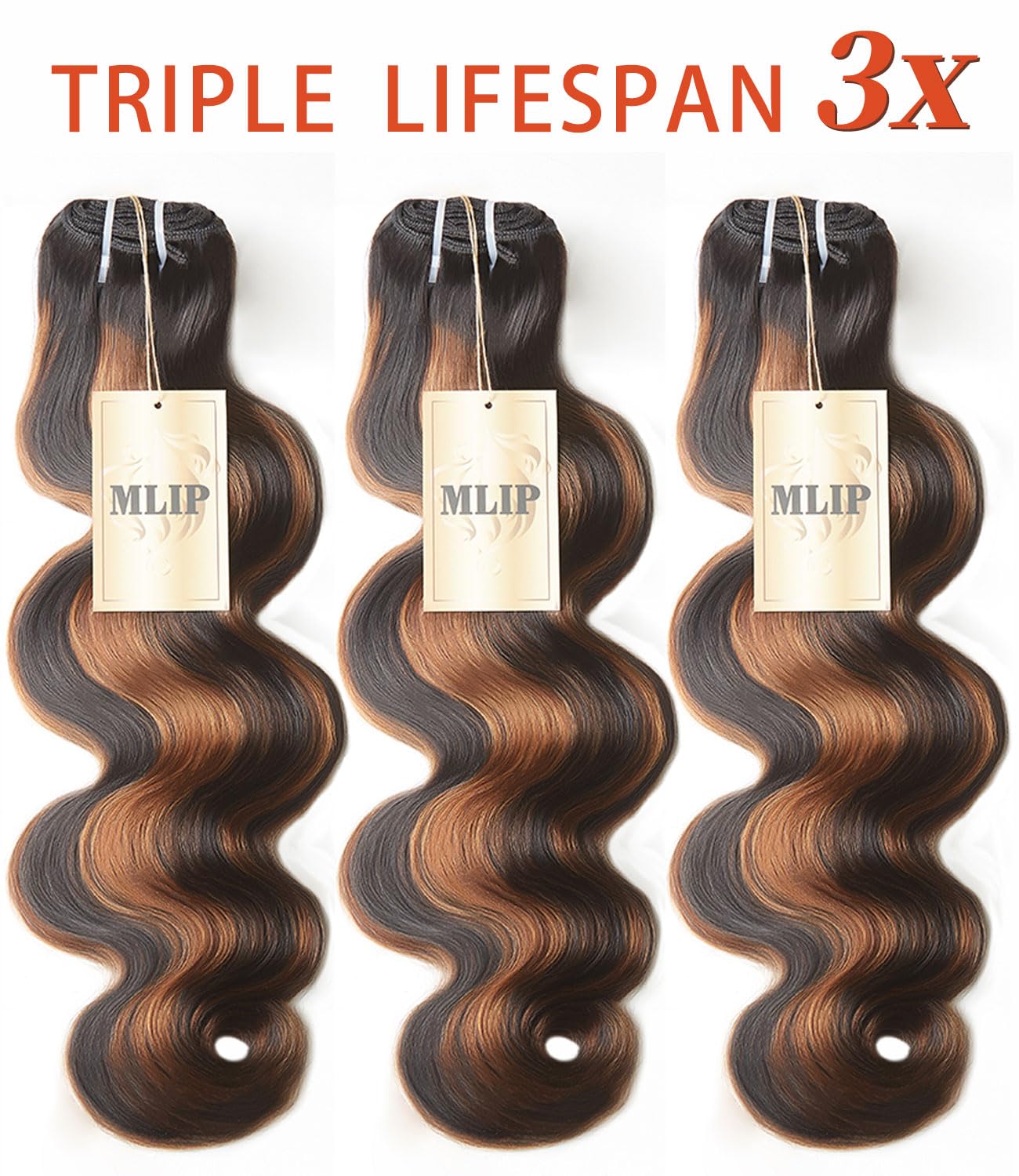 MLIP Raw Indian Human Hair Body Wave Bundles 3X Longer Lifespan 100% Unprocessed Raw Hair, No Tangle & Shedding Silky Soft After Multiple Washes Brown Highlight Color