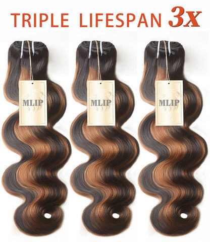 MLIP Raw Indian Human Hair Body Wave Bundles 3X Longer Lifespan 100% Unprocessed Raw Hair, No Tangle & Shedding Silky Soft After Multiple Washes Brown Highlight Color