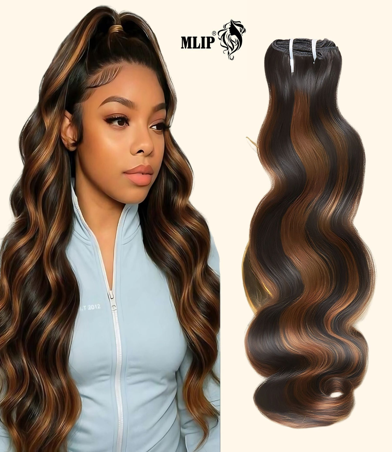 MLIP Raw Indian Human Hair Body Wave Bundles 3X Longer Lifespan 100% Unprocessed Raw Hair, No Tangle & Shedding Silky Soft After Multiple Washes Brown Highlight Color