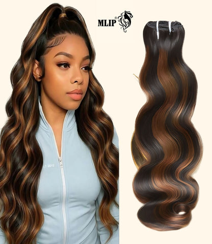 MLIP Raw Indian Human Hair Body Wave Bundles 3X Longer Lifespan 100% Unprocessed Raw Hair, No Tangle & Shedding Silky Soft After Multiple Washes Brown Highlight Color