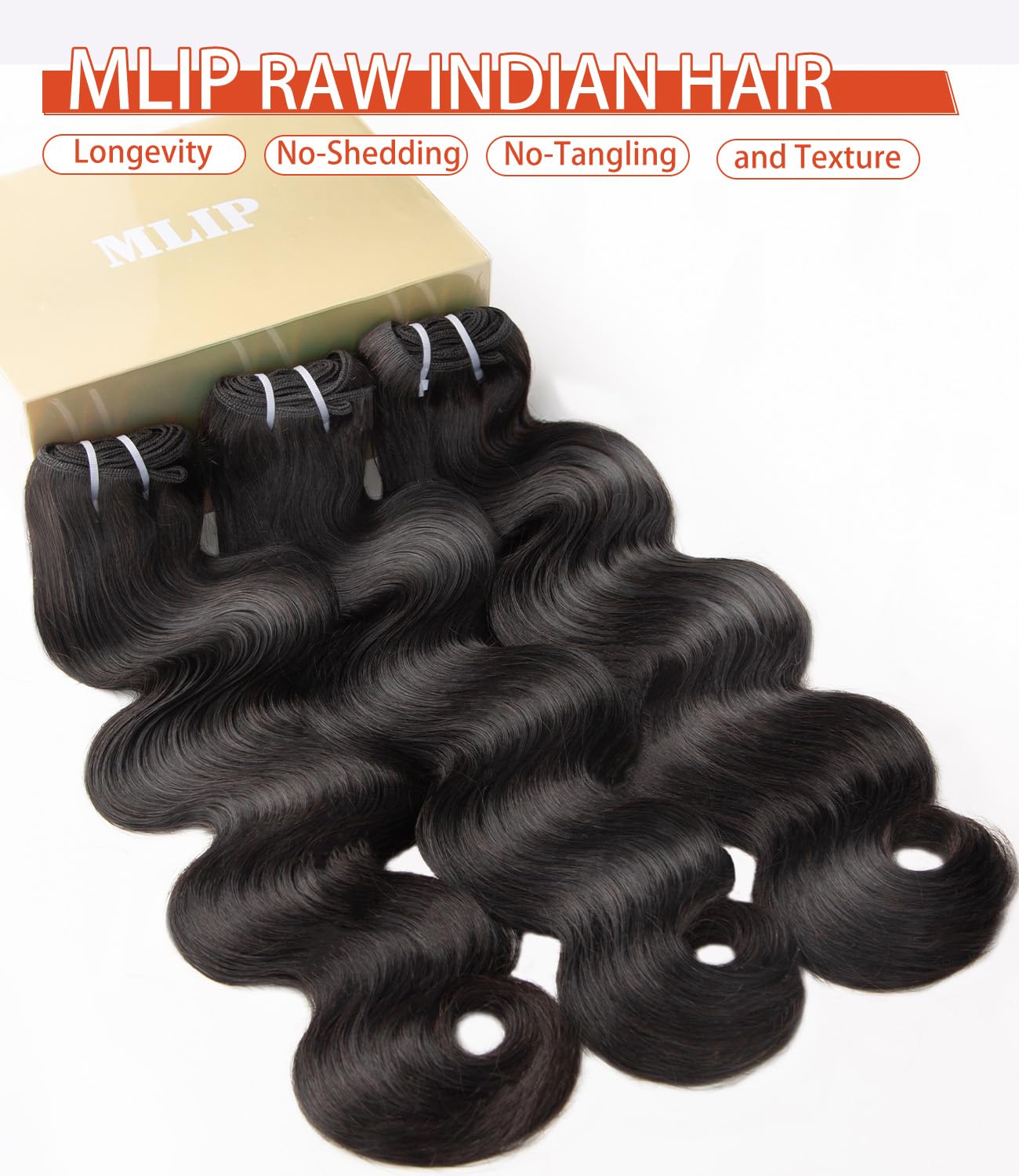 MLIP Raw Indian Human Hair Body Wave 3 Bundles 3X Longer Lifespan 100% Unprocessed Raw Hair No Tangle & Shedding Silky Soft After Multiple Washes Natural Color 16 18 20 Inches