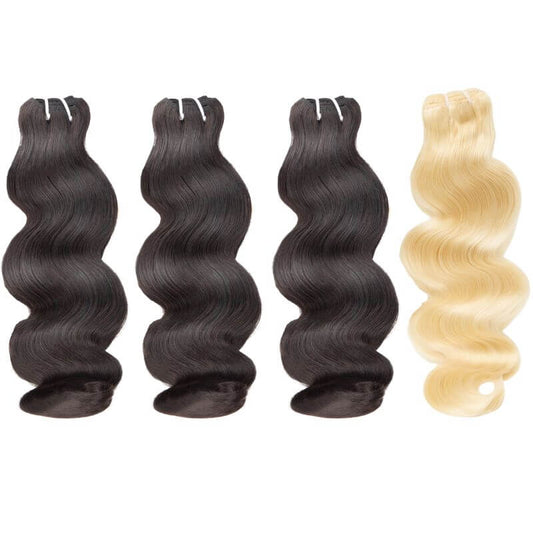 MLIP 4 Bundles Raw 15A Indian Hair 3 Natural Black With 1 #613 Blonde Body Wave  100% Virgin Hair Bundles