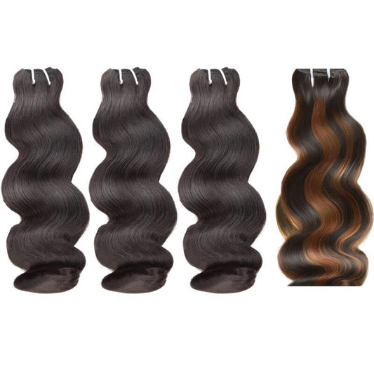 MLIP 4 Bundles Raw 15A Indian Hair 3 Natural Black With 1 Brown Highlight Body Wave 100% Virgin Hair Bundles