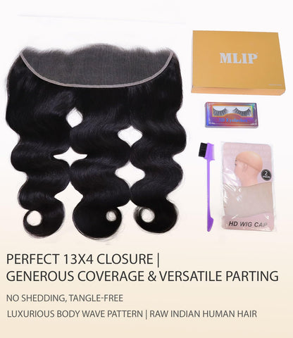 Mlip 13x4 HD Lace Frontal Body Wave, 0.10mm Ultra Thin Invisible Swiss Lace, Skinlike Real HD Lace Melt into Skin Perfectly, Pre-plucked Natural Hairline, Raw Indian Human Hair Natural Color