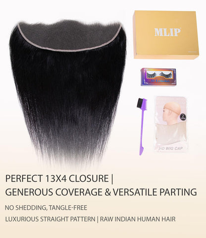 Mlip 13x4 HD Lace Frontal Straight, 0.10mm Ultra Thin Invisible Swiss Lace, Skinlike Real HD Lace Melt into Skin Perfectly, Pre-plucked Natural Hairline, Raw Indian Human Hair Natural Color