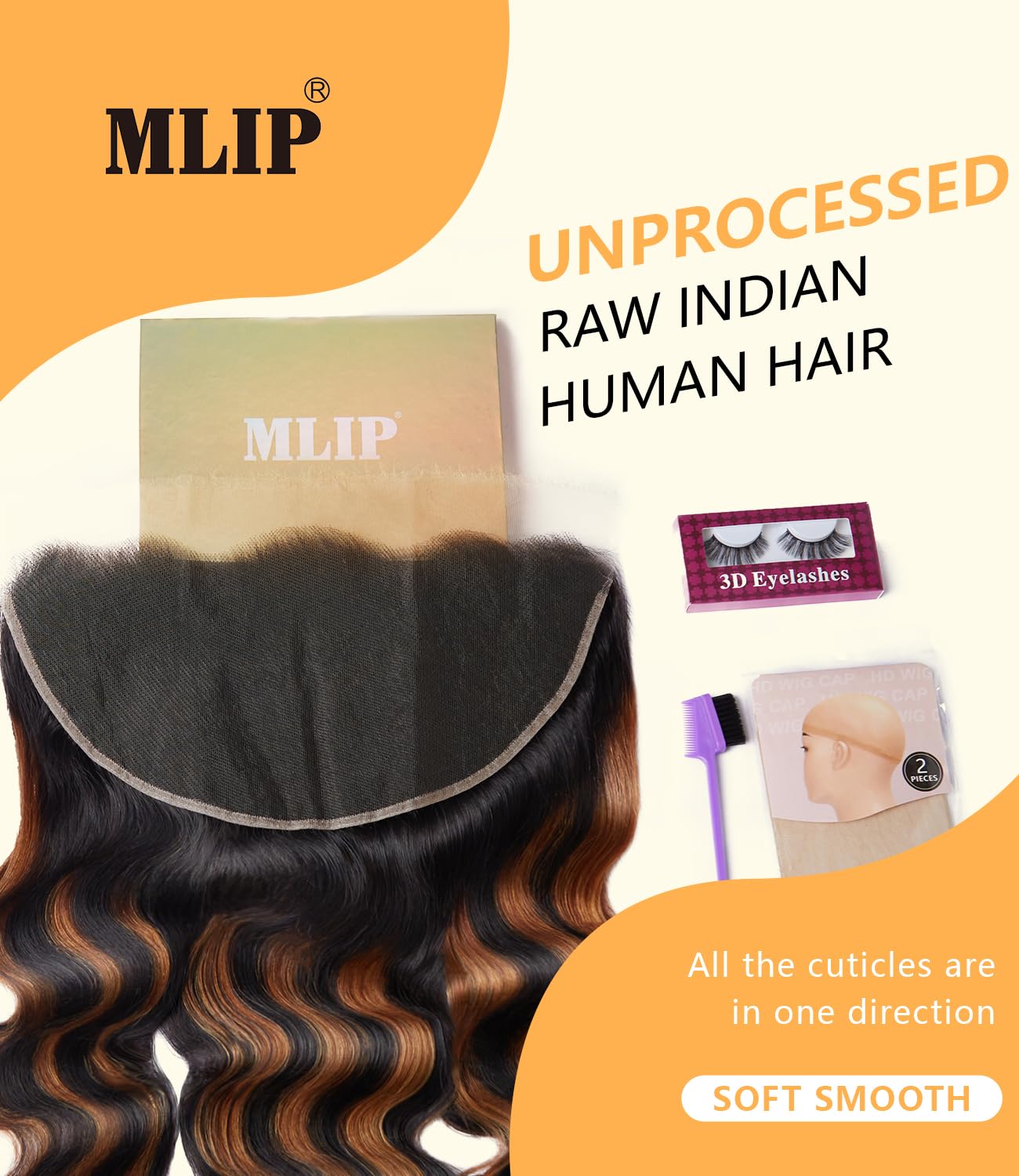 Mlip 13x6 HD Lace Frontal Body Wave, 0.10mm Ultra Thin Invisible Swiss Lace, Skinlike Real HD Lace Melt into Skin Perfectly, Pre-plucked Natural Hairline, Raw Indian Human Hair Highlight Color