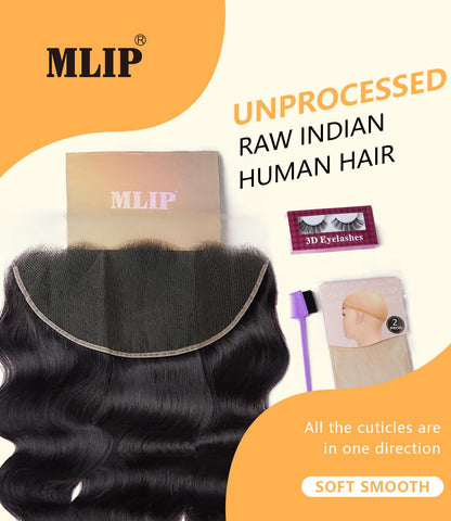 Mlip 13x6 HD Lace Frontal Body Wave, 0.10mm Ultra Thin Invisible Swiss Lace, Skinlike Real HD Lace Melt into Skin Perfectly, Pre-plucked Natural Hairline, Raw Indian Human Hair Natural Color