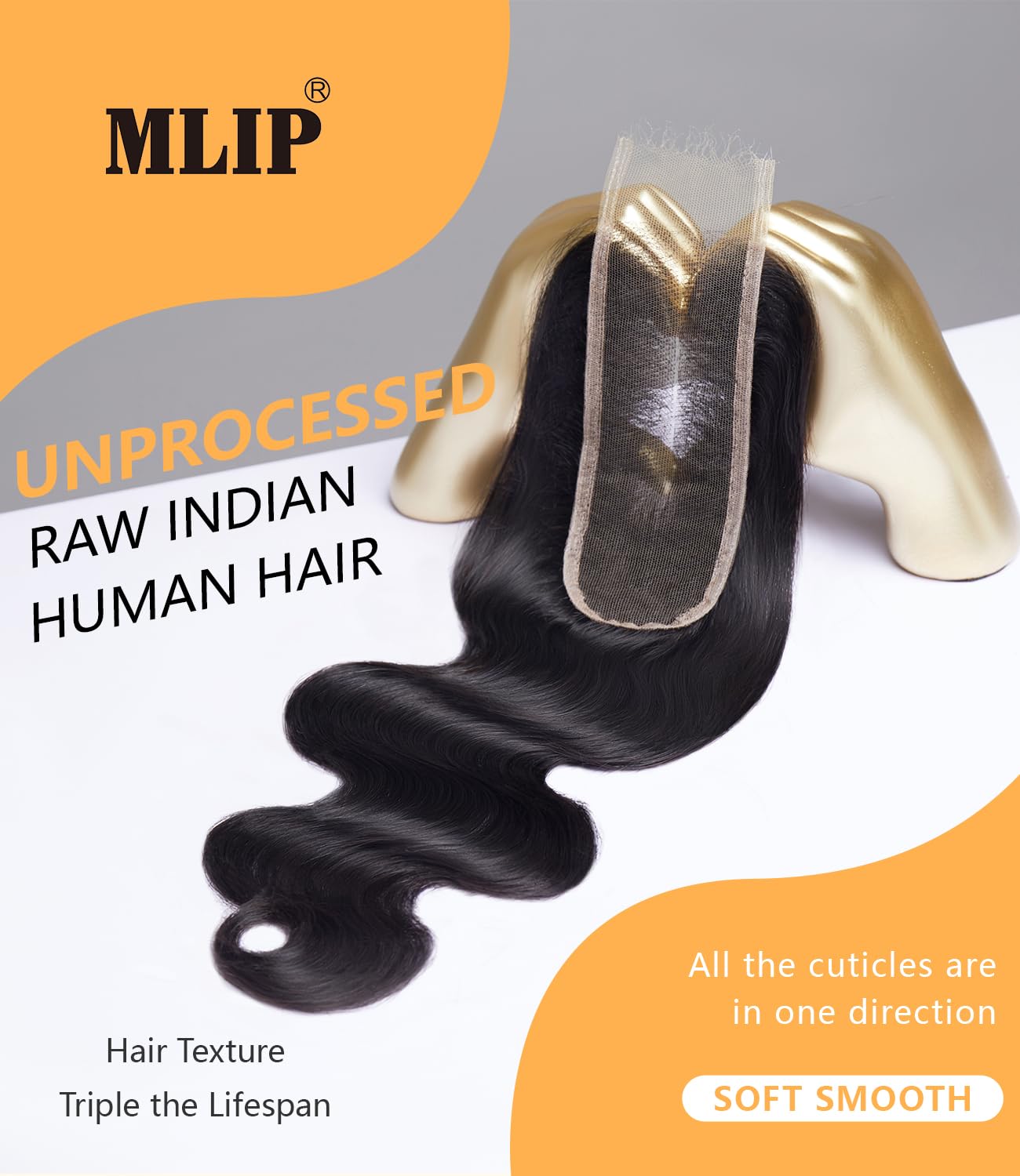 Mlip 2x6 HD Lace Closure Body Wave, 0.10mm Ultra Thin Invisible Swiss Lace, Skinlike Real HD Lace Melt into Skin Perfectly, Pre-plucked Natural Hairline, Raw Indian Human Hair 14 Inches Natural Color