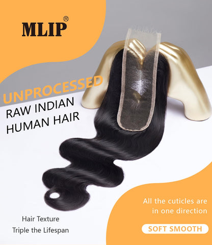 Mlip 2x6 HD Lace Closure Body Wave, 0.10mm Ultra Thin Invisible Swiss Lace, Skinlike Real HD Lace Melt into Skin Perfectly, Pre-plucked Natural Hairline, Raw Indian Human Hair 14 Inches Natural Color