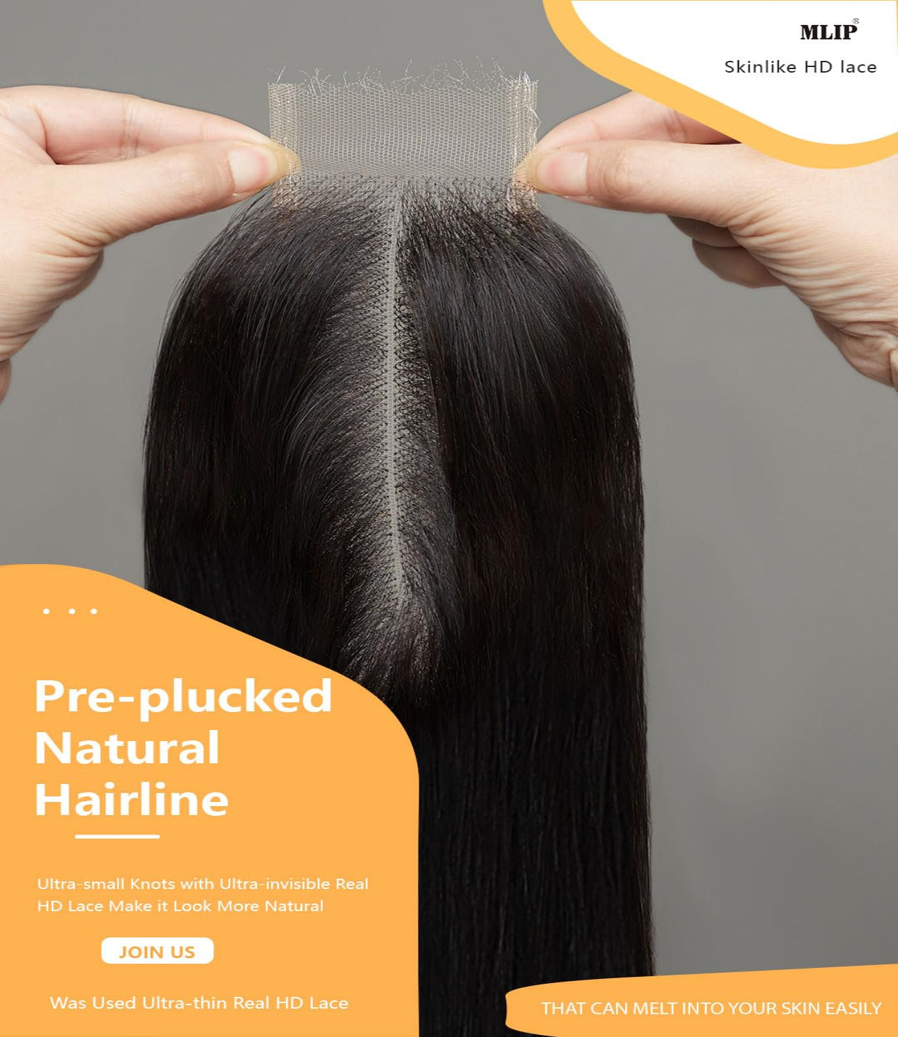 Mlip 2x6 HD Lace Closure Straight, 0.10mm Ultra Thin Invisible Swiss Lace, Skinlike Real HD Lace Melt into Skin Perfectly, Pre-plucked Natural Hairline, Raw Indian Human Hair Natural Color