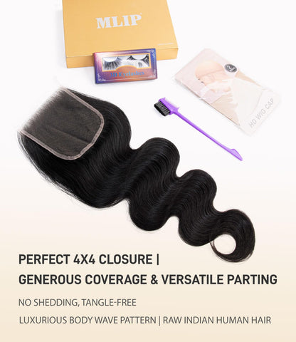 Mlip 4x4 HD Lace Closure Body Wave, 0.10mm Ultra Thin Invisible Swiss Lace, Skinlike Real HD Lace Melt into Skin Perfectly, Pre-plucked Natural Hairline, Raw Indian Human Hair Natural Color