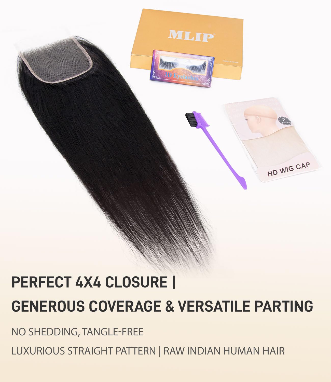 Mlip 4x4 HD Lace Closure Straight, 0.10mm Ultra Thin Invisible Swiss Lace, Skinlike Real HD Lace Melt into Skin Perfectly, Pre-plucked Natural Hairline, Raw Indian Human Hair Natural Color