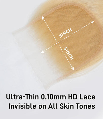 Mlip 5x5 HD Lace Closure Body Wave, 0.10mm Ultra Thin Invisible Swiss Lace, Skinlike Real HD Lace Melt into Skin Perfectly, Pre-plucked Natural Hairline, Raw Indian Human Hair 613 Color