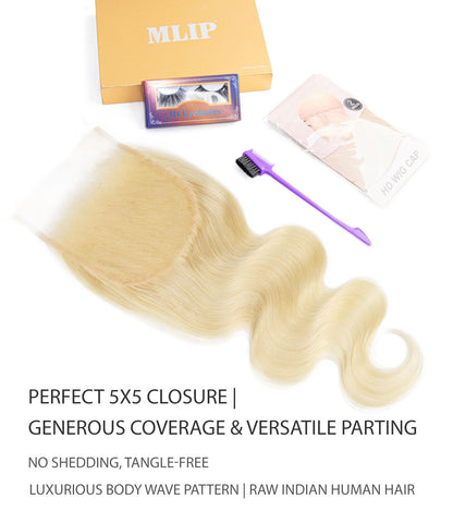 Mlip 5x5 HD Lace Closure Body Wave, 0.10mm Ultra Thin Invisible Swiss Lace, Skinlike Real HD Lace Melt into Skin Perfectly, Pre-plucked Natural Hairline, Raw Indian Human Hair 613 Color