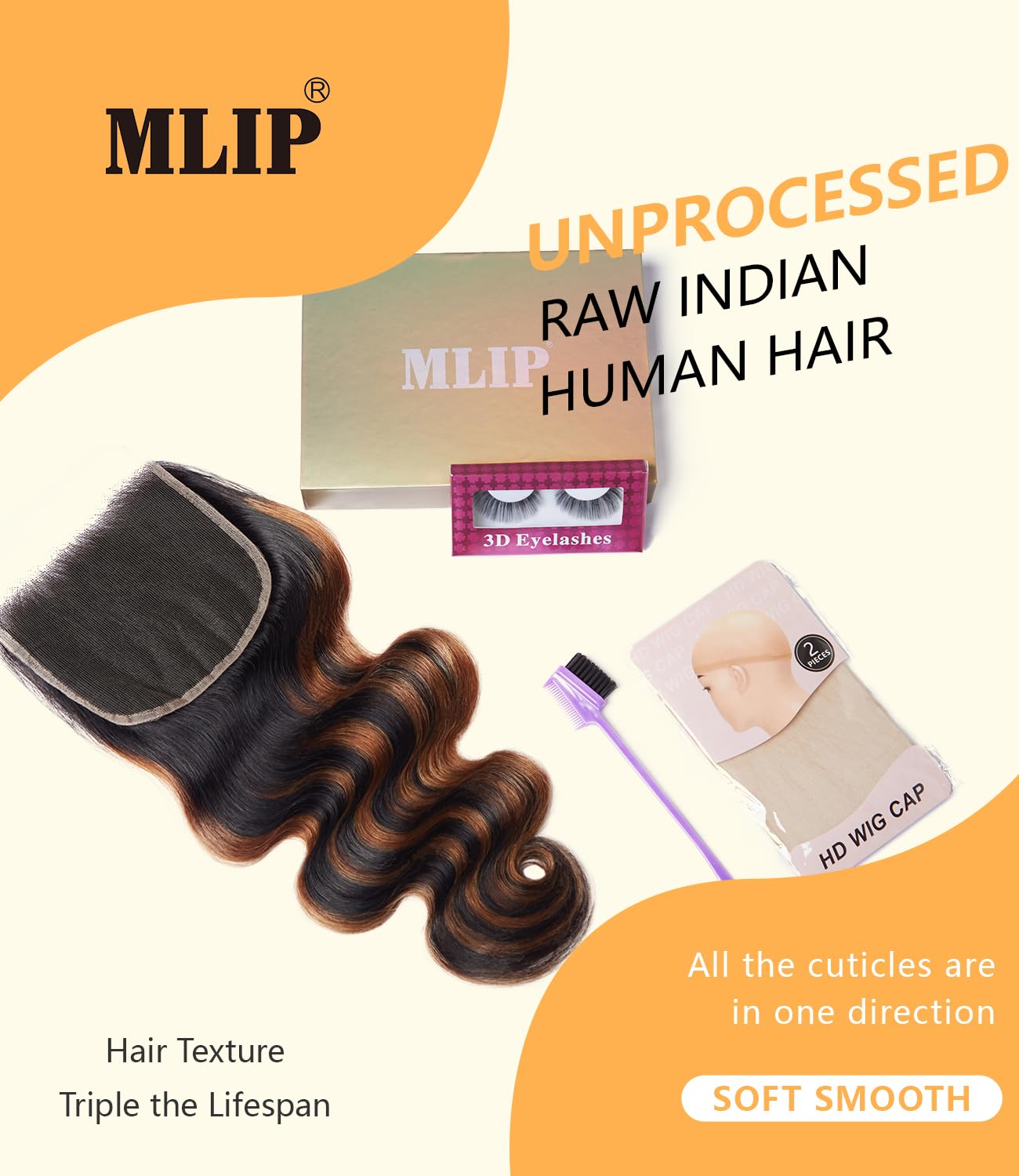 Mlip 5x5 HD Lace Closure Body Wave, 0.10mm Ultra Thin Invisible Swiss Lace, Skinlike Real HD Lace Melt into Skin Perfectly, Pre-plucked Natural Hairline, Raw Indian Human Hair Highlight Color