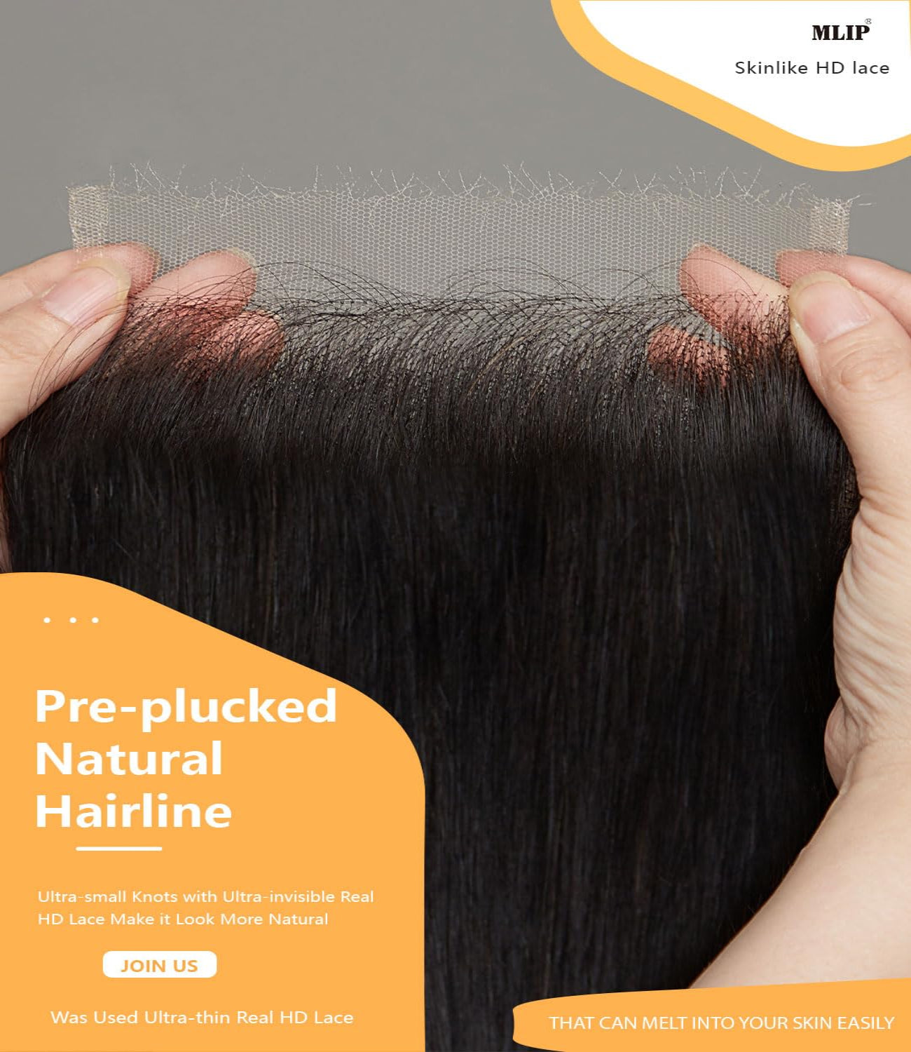 Mlip 5x5 HD Lace Closure Straight, 0.10mm Ultra Thin Invisible Swiss Lace, Skinlike Real HD Lace Melt into Skin Perfectly, Pre-plucked Natural Hairline, Raw Indian Human Hair  Natural Color